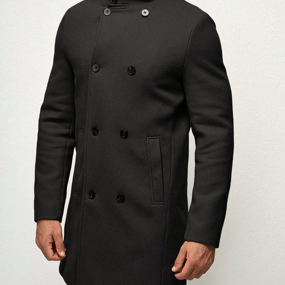Black Preppy Mens Double Breasted Slant Pocket Overcoat - Picture 5 of 5